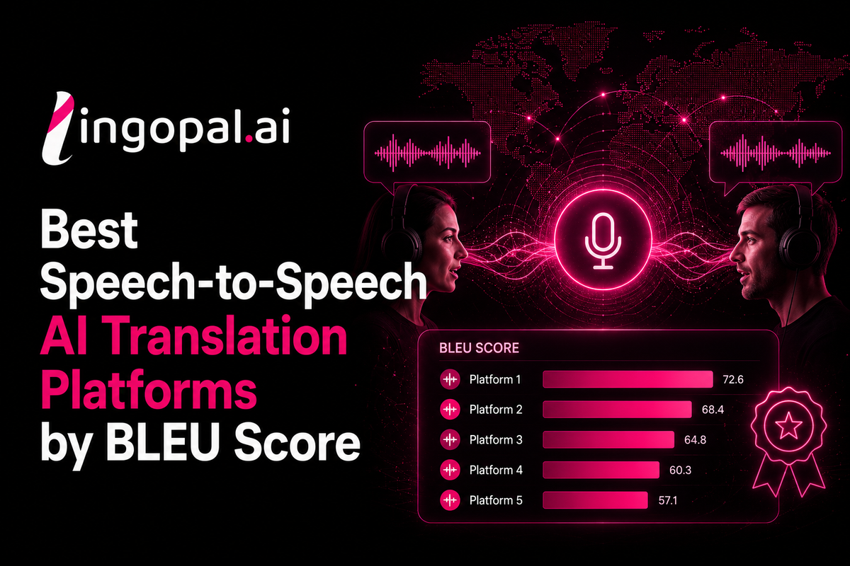 Illustration comparing speech-to-speech AI translation platforms with BLEU score benchmarks, live translation latency, voice cloning, ASR accuracy, and broadcast workflow evaluation.