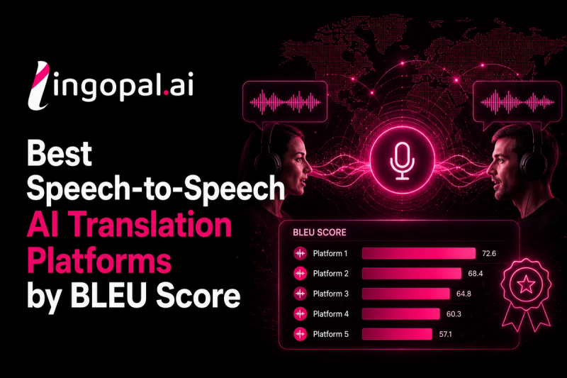 Illustration comparing speech-to-speech AI translation platforms with BLEU score benchmarks, live translation latency, voice cloning, ASR accuracy, and broadcast workflow evaluation.