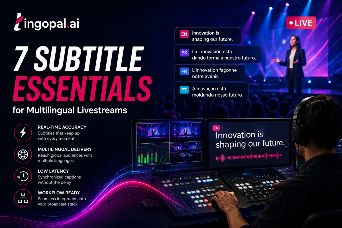 AI livestream translation platform generating multilingual subtitles in real time for a live broadcast with synchronized captions and broadcast-quality localization.
