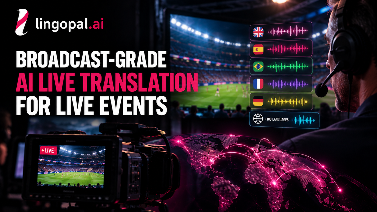 Broadcast-grade AI live translation for a live sports event with multilingual commentary, real-time audio tracks, and global broadcast delivery.