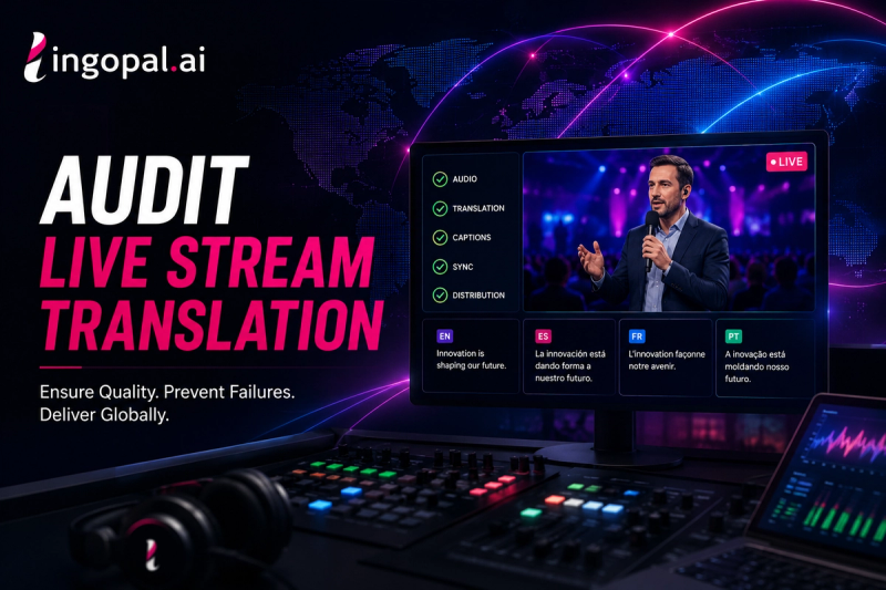 Broadcast operations team monitoring AI-powered live stream translation, multilingual captions, and real-time workflow handoffs across a live production environment.