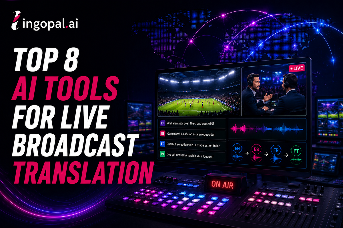 Broadcast control room using AI live broadcast translation with multilingual commentary, real-time captions, voice preservation, and enterprise-grade streaming workflows.
