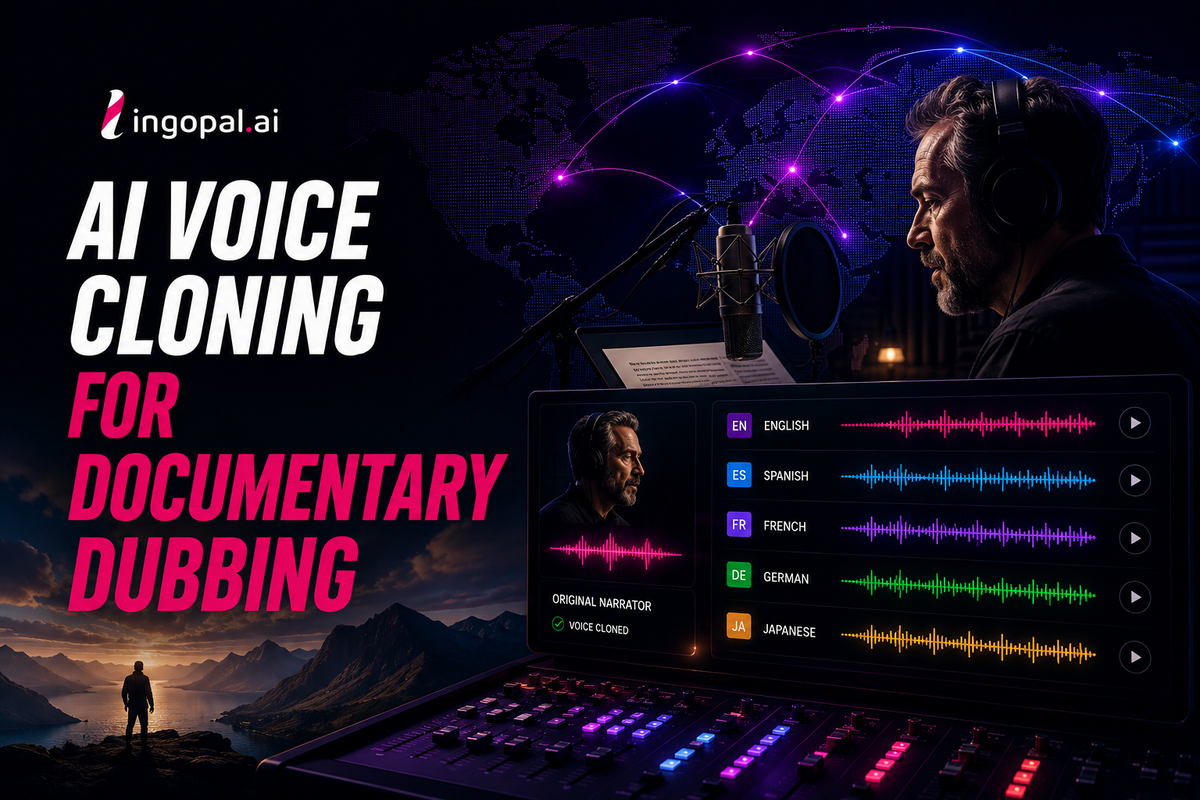 AI voice cloning for documentary dubbing showing an original narrator’s voice translated into multiple languages while preserving tone, emotion, and delivery.