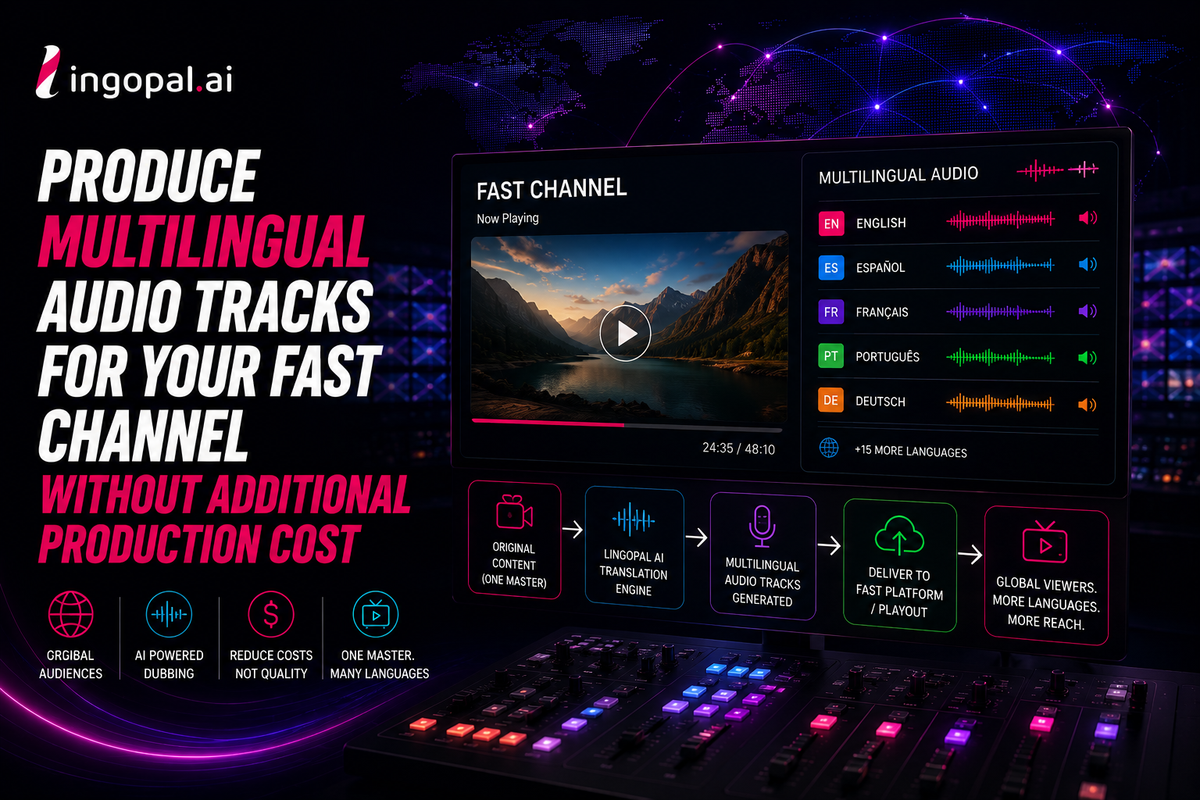 FAST channel using Lingopal AI to generate multilingual audio tracks from one video master for global streaming and distribution.