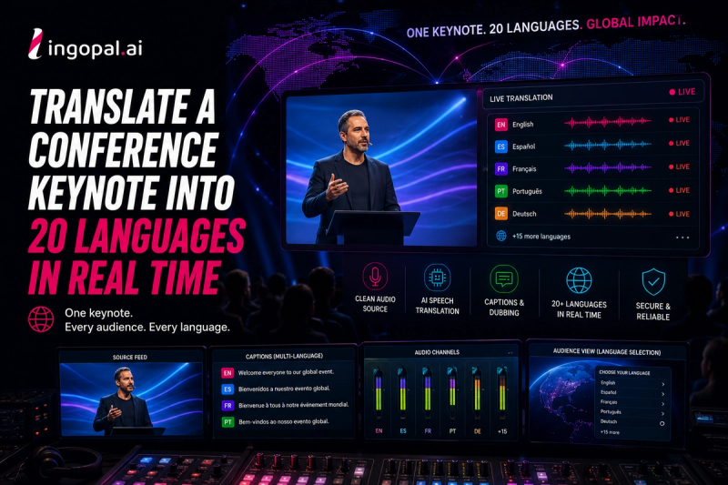 Global conference keynote translated into 20 languages in real time with AI-powered multilingual audio, live captions, and dubbing from Lingopal.