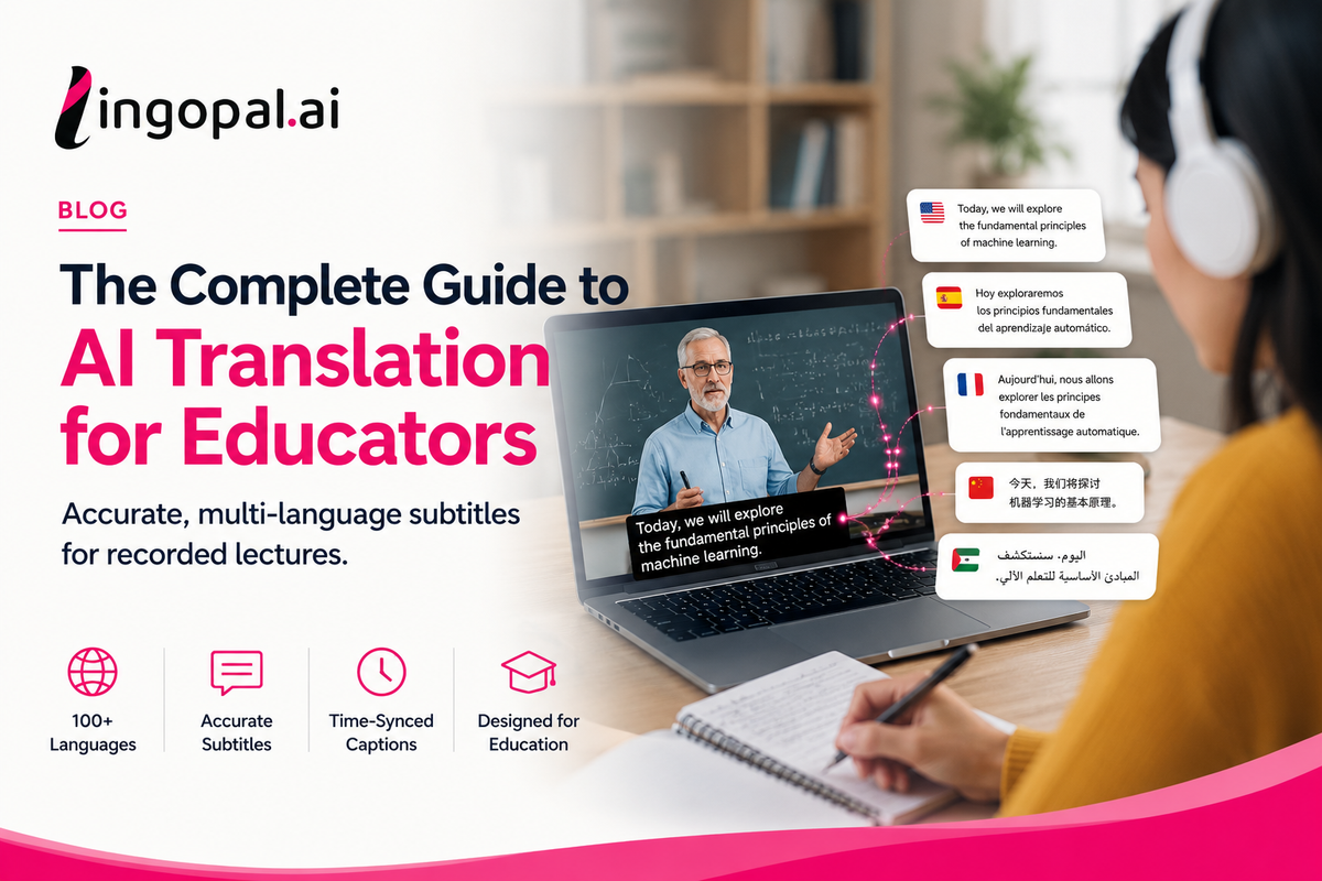 Student watching a recorded online lecture with AI-generated multilingual subtitles displayed in multiple languages, illustrating AI translation for education, accessibility, and global learning powered by Lingopal.