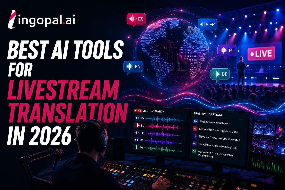 Broadcast control room using AI livestream translation to deliver multilingual live audio, captions, and real-time localization for global audiences.