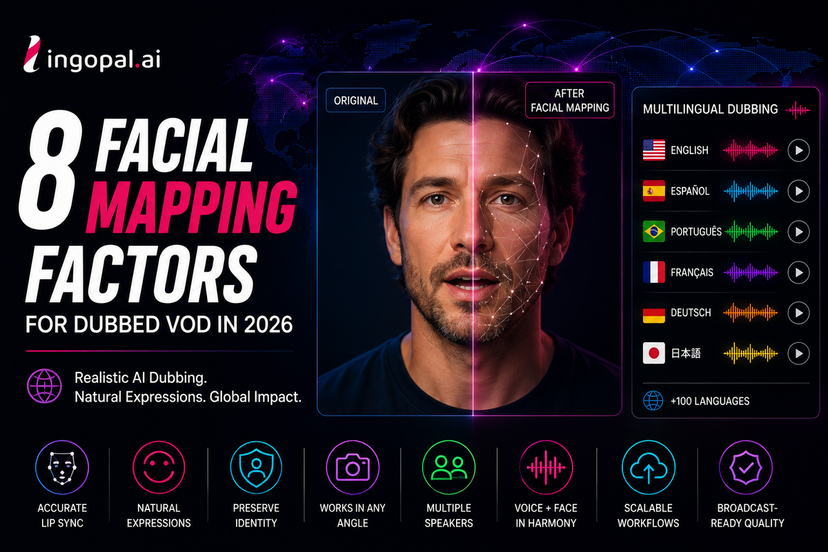 AI facial mapping for dubbed videos aligning a speaker's mouth and facial movements with multilingual AI dubbing for realistic VOD localization.