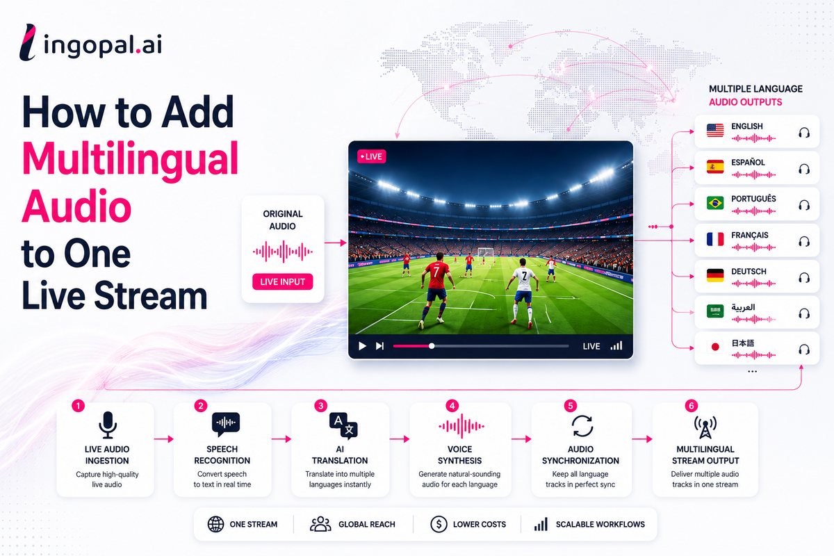 Illustration of a multilingual audio streaming workflow showing one live video stream generating multiple synchronized language audio tracks through AI translation, voice synthesis, and broadcast streaming technology.