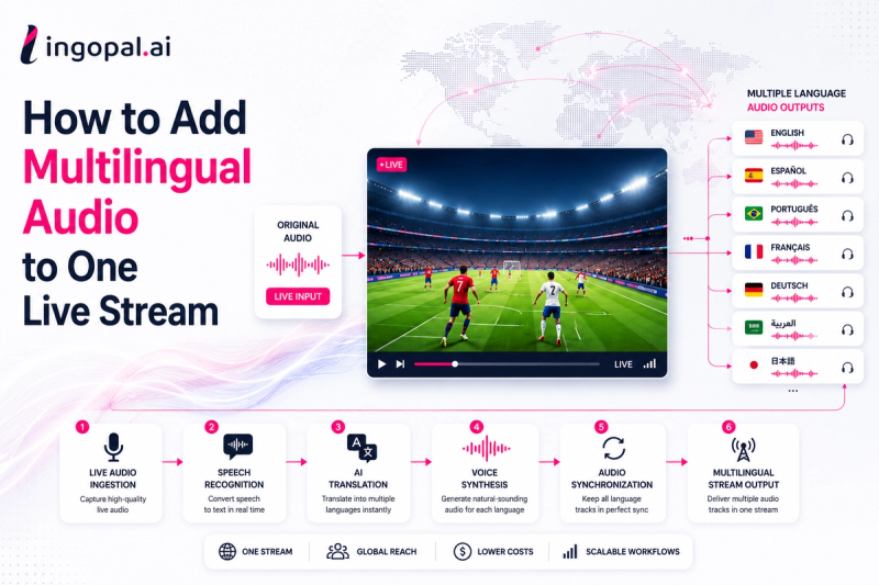 Illustration of a multilingual audio streaming workflow showing one live video stream generating multiple synchronized language audio tracks through AI translation, voice synthesis, and broadcast streaming technology.