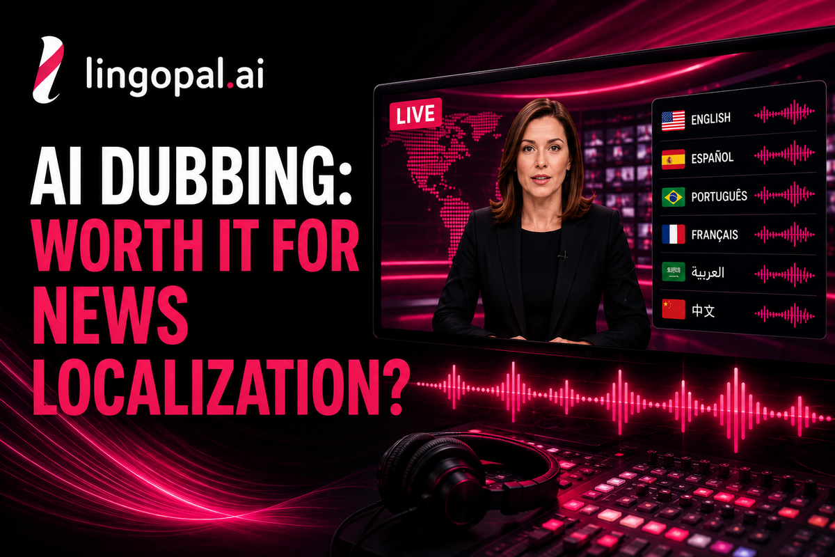 AI dubbing for news localization showing a live news anchor translated into multilingual audio and captions while preserving voice, tone, and delivery.