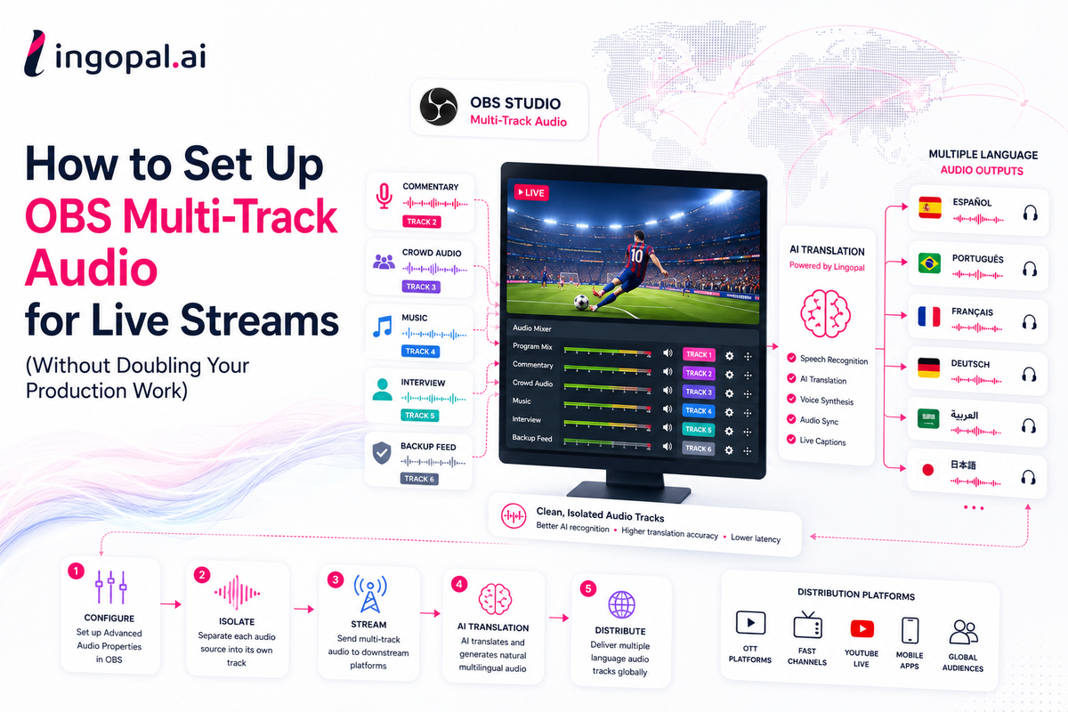 Illustration showing an OBS multi-track audio workflow with separate commentary, crowd noise, music, and microphone tracks feeding into AI-powered multilingual translation and multiple live audio outputs for global broadcasting.