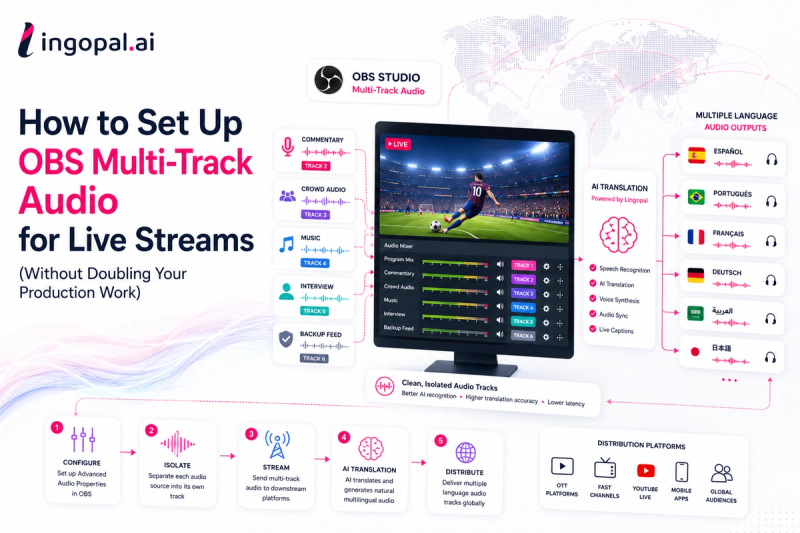 Illustration showing an OBS multi-track audio workflow with separate commentary, crowd noise, music, and microphone tracks feeding into AI-powered multilingual translation and multiple live audio outputs for global broadcasting.