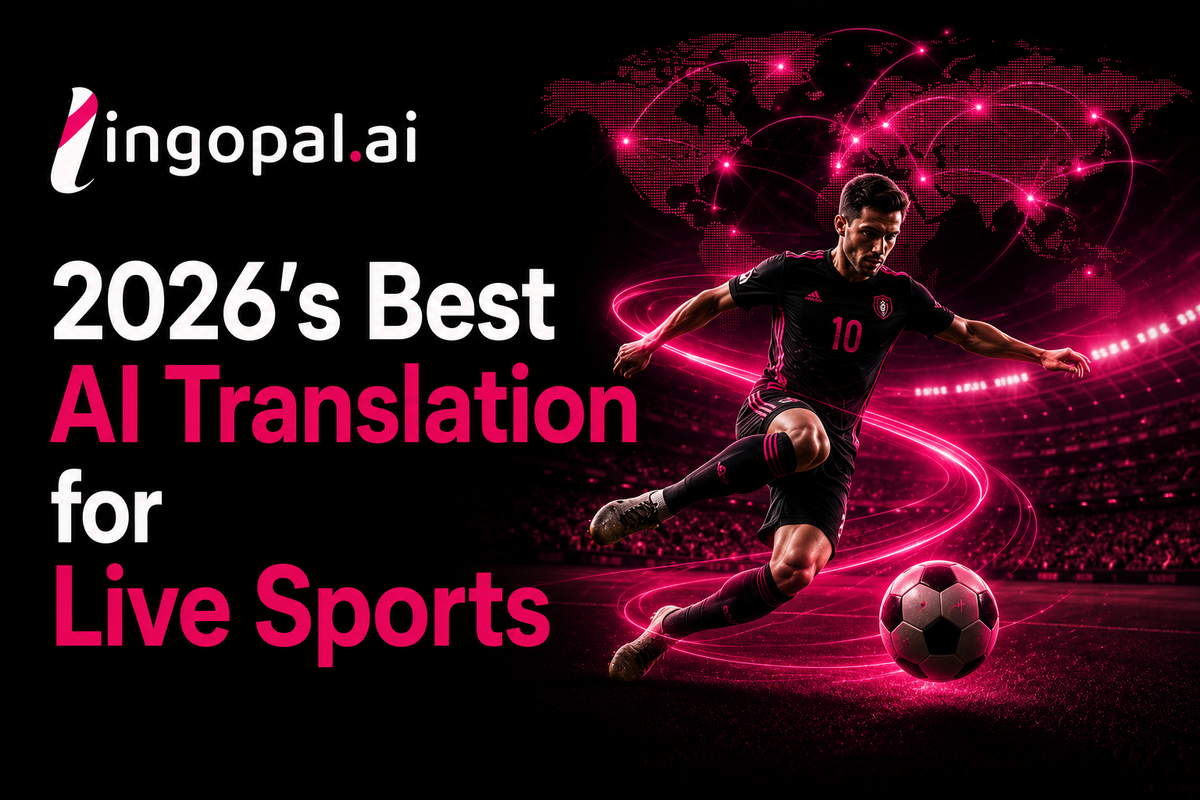 Illustration of AI-powered real-time translation for live sports broadcasting, showing multilingual commentary, live captions, voice cloning, and global audience reach across multiple languages.