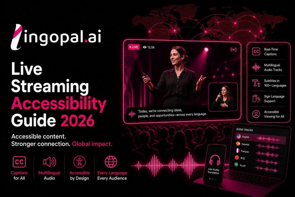 Illustration of an accessible live streaming workflow with AI-generated captions, multilingual speech translation, voice cloning, screen reader compatibility, and real-time accessibility features for global audiences.