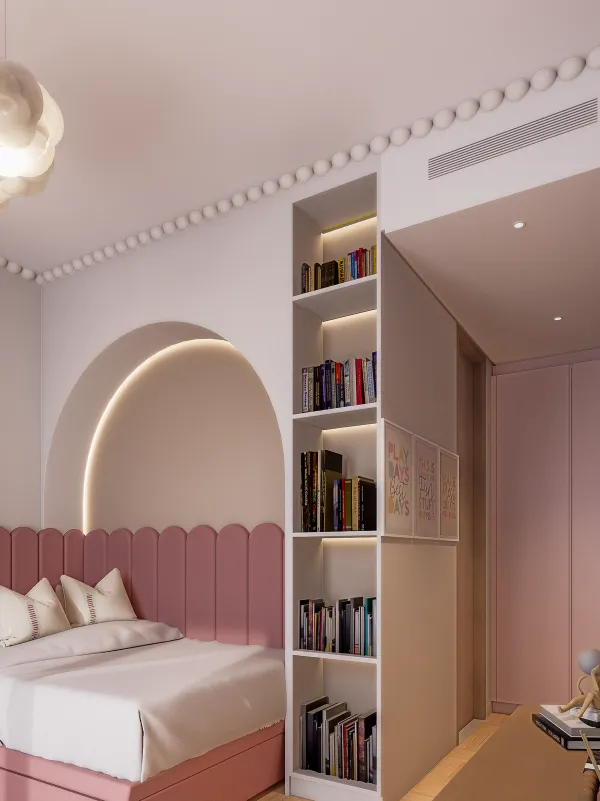 bookshelves and bed niche for girl bedroom design