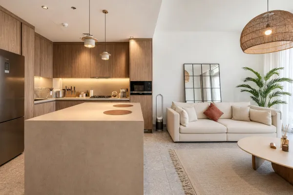 Open-plan kitchen and living room interior design in Dubai with oak cabinetry, travertine island and warm neutral tones