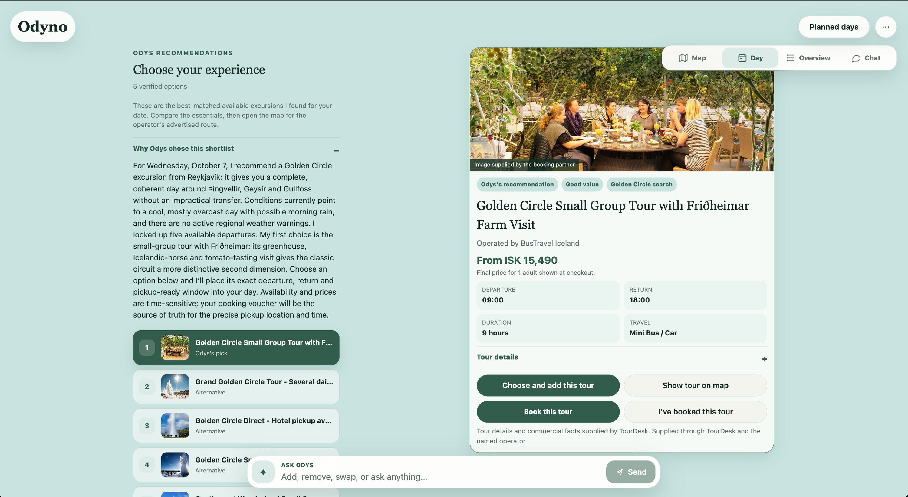 Tour comparison and a selected tour within the day plan.