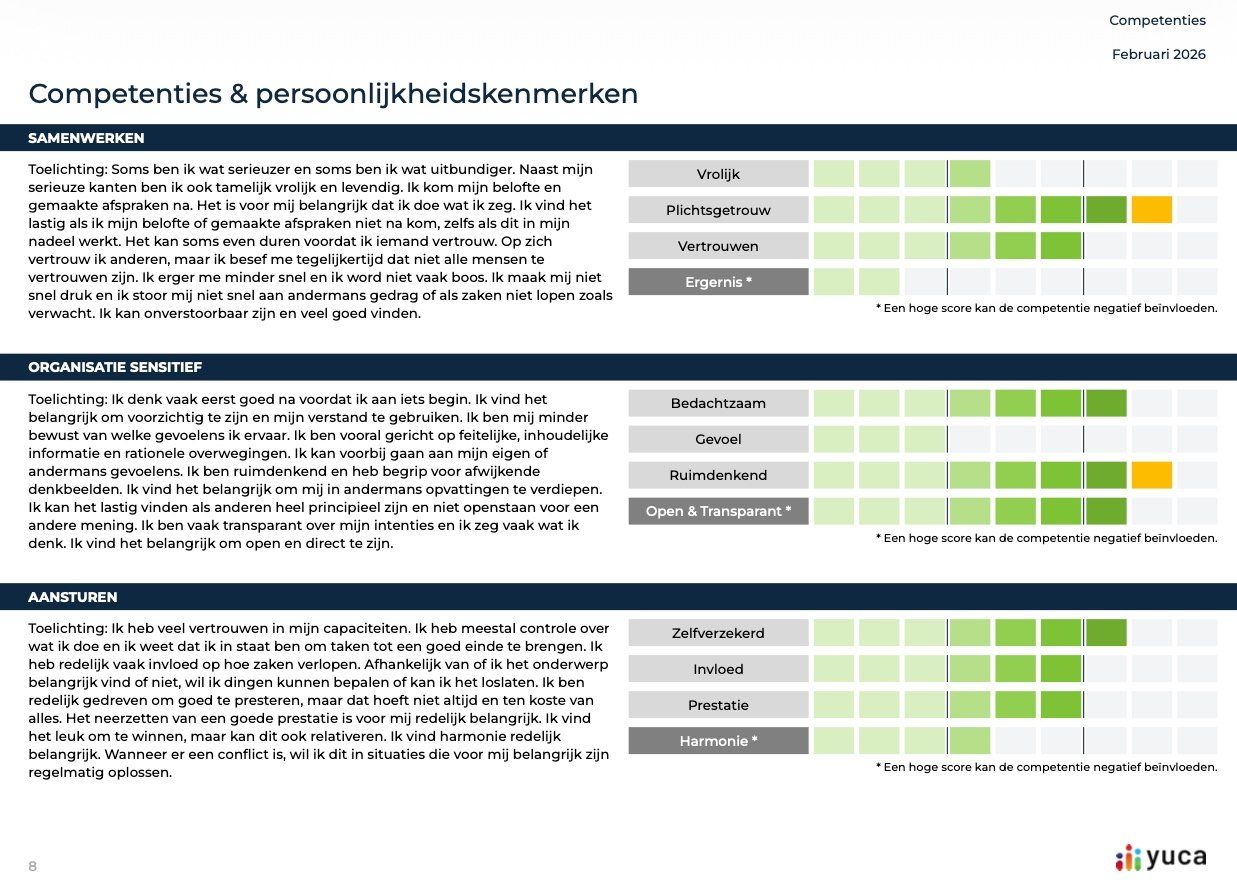 Yuca365 rapportvoorbeeld met scores en toelichting