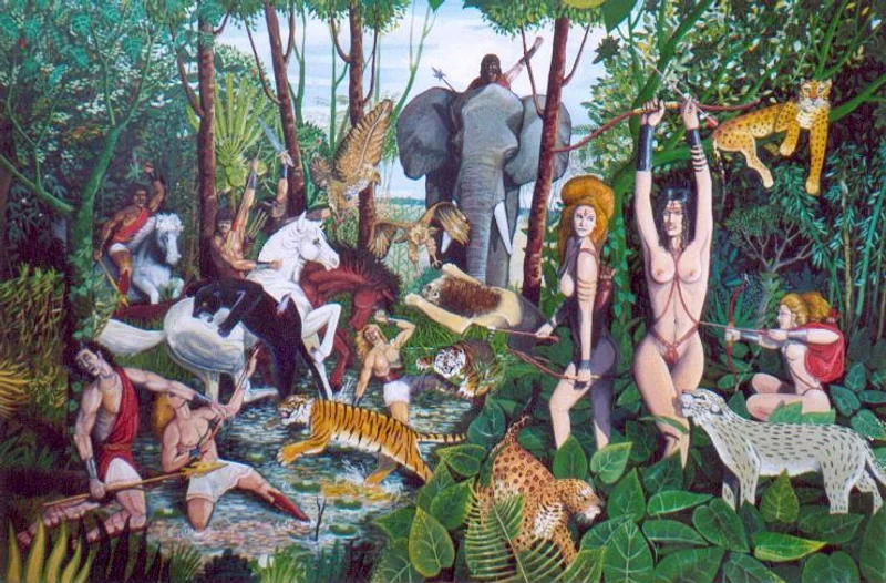 Le Amazzoni — Massimiliano Bernardi, acrilico su tela, 150×100cm, 1997