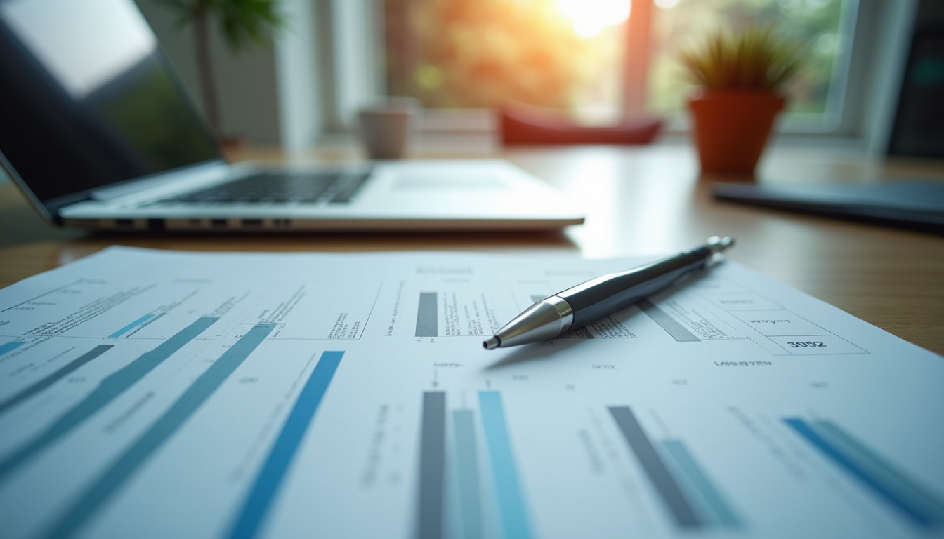 Eye-level view of a modern office desk with financial reports and laptop
