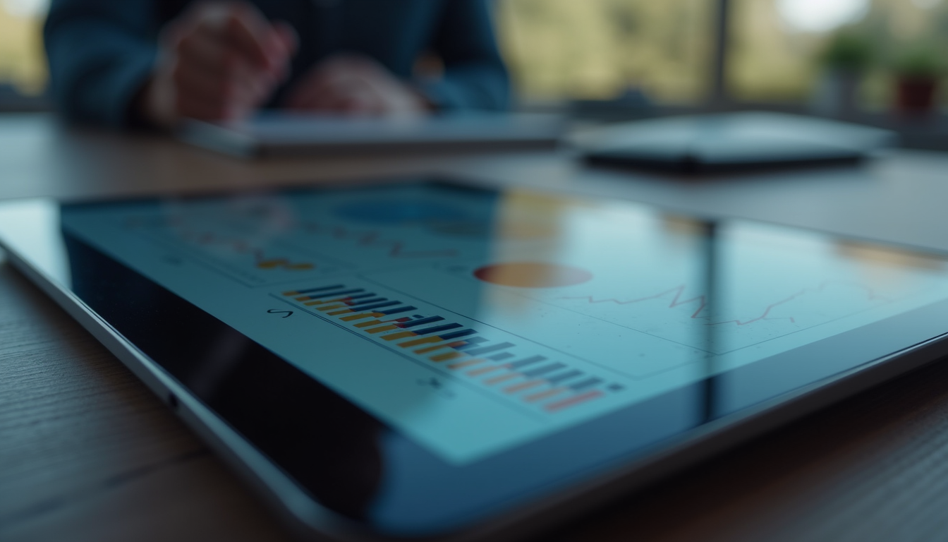 Close-up view of a tablet showing financial analytics dashboard