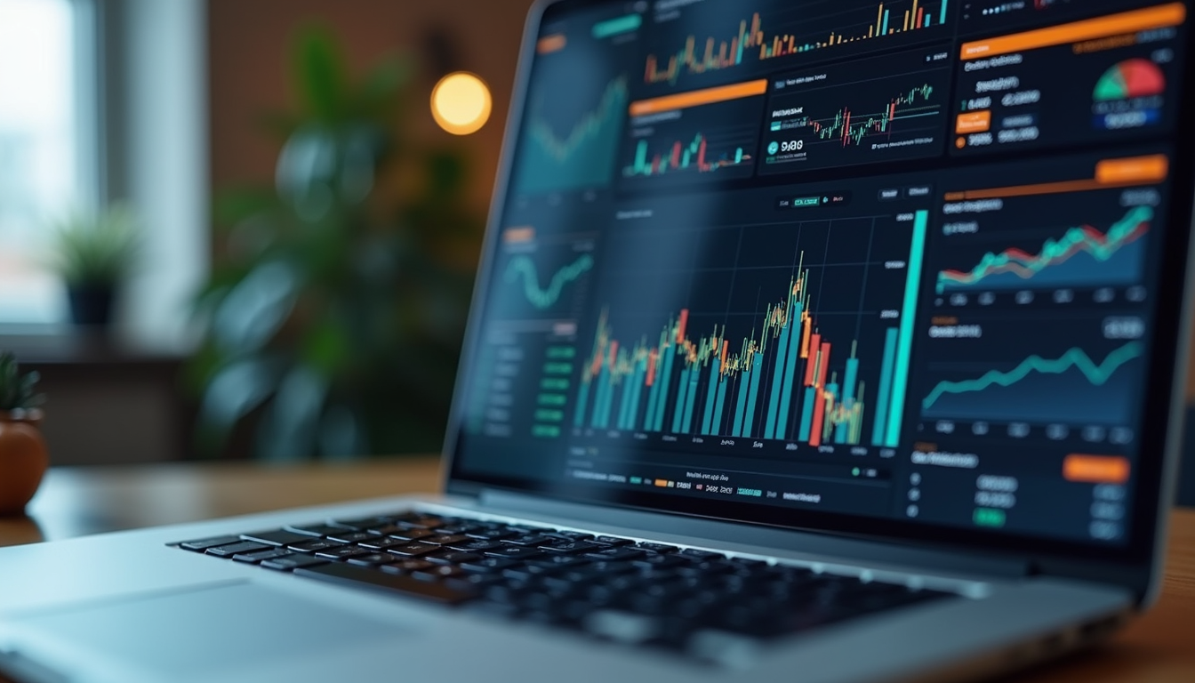 Eye-level view of a laptop displaying financial charts on a desk