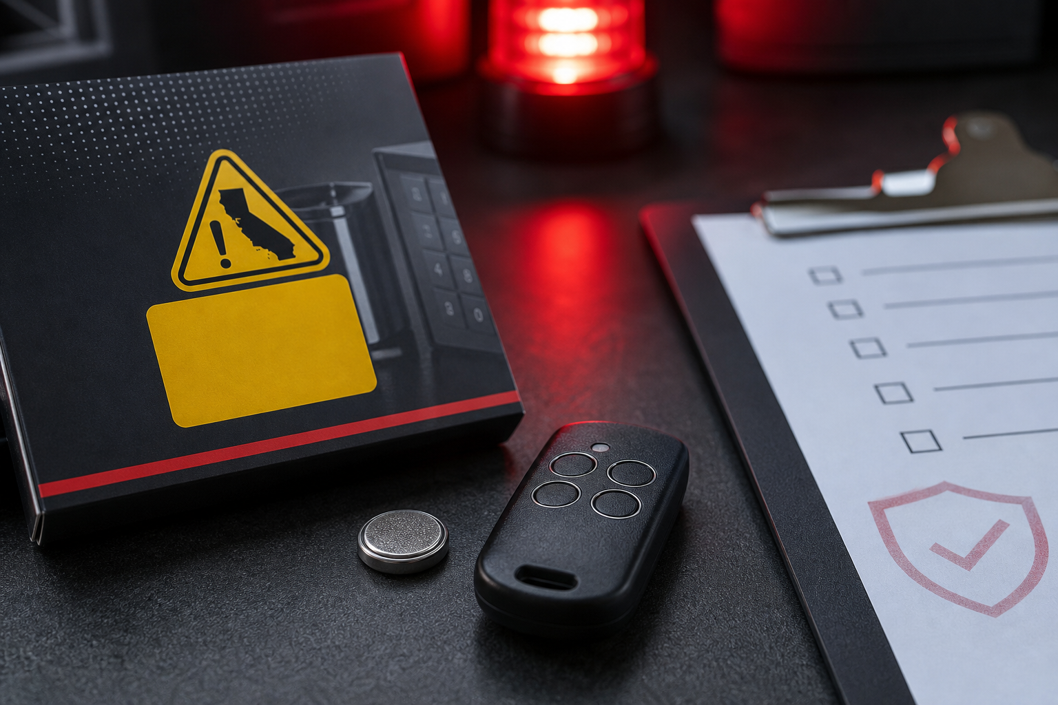 Product safety compliance scene with Proposition 65 warning label, coin-cell battery, remote transmitter, and safety checklist
