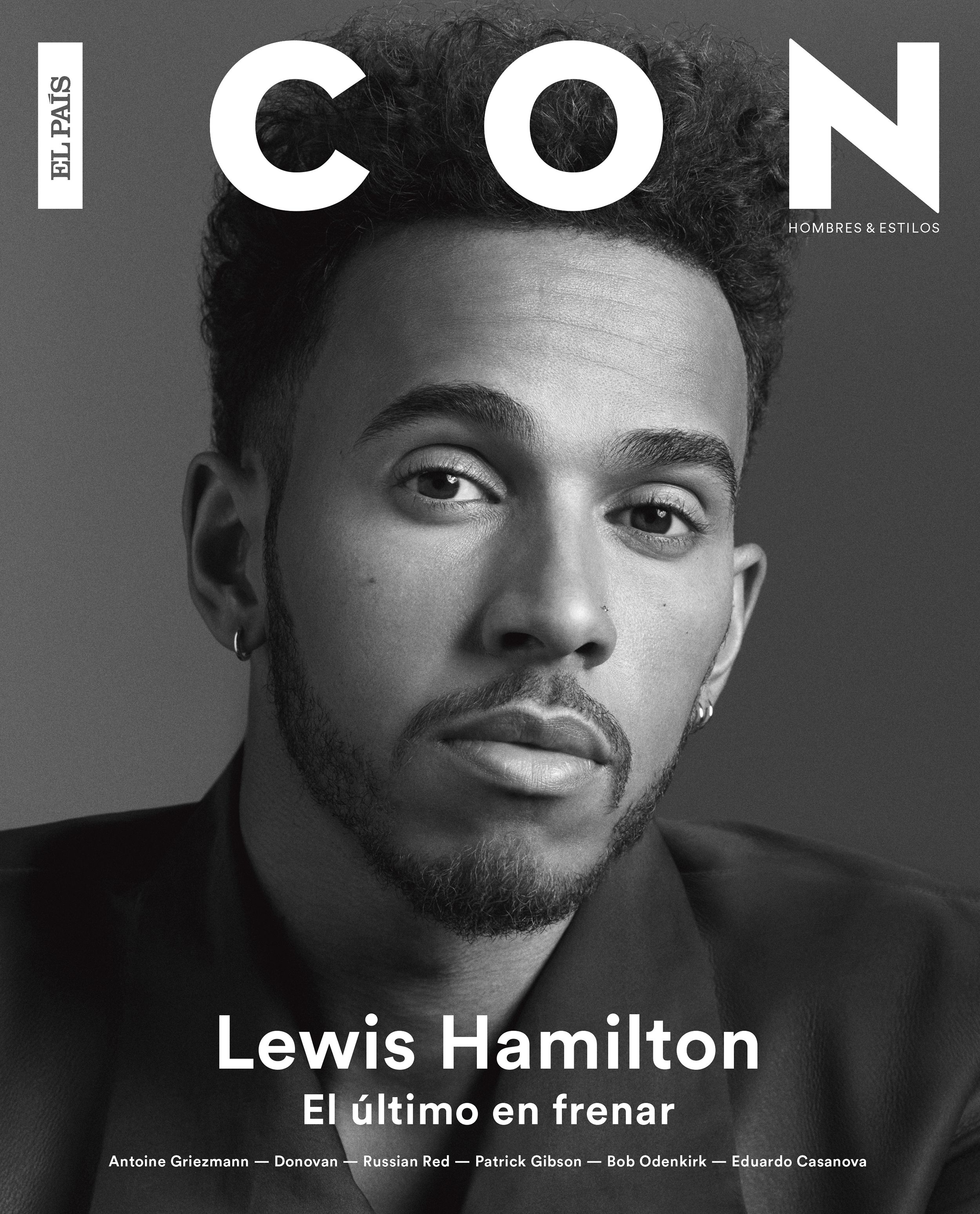 ICON magazine cover: black-and-white close-up portrait of Lewis Hamilton with curly hair, a goatee, small hoop earrings, and a nose stud, looking at the camera
