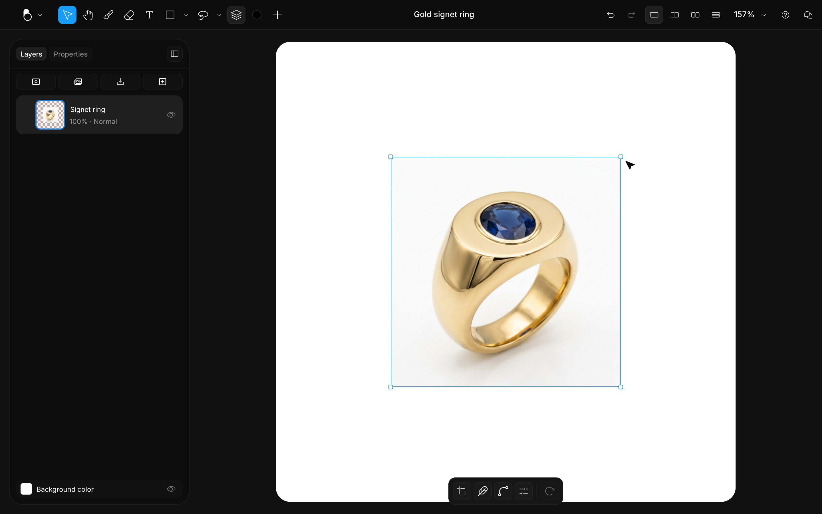 A selected signet ring image with its bounding box and transform handles