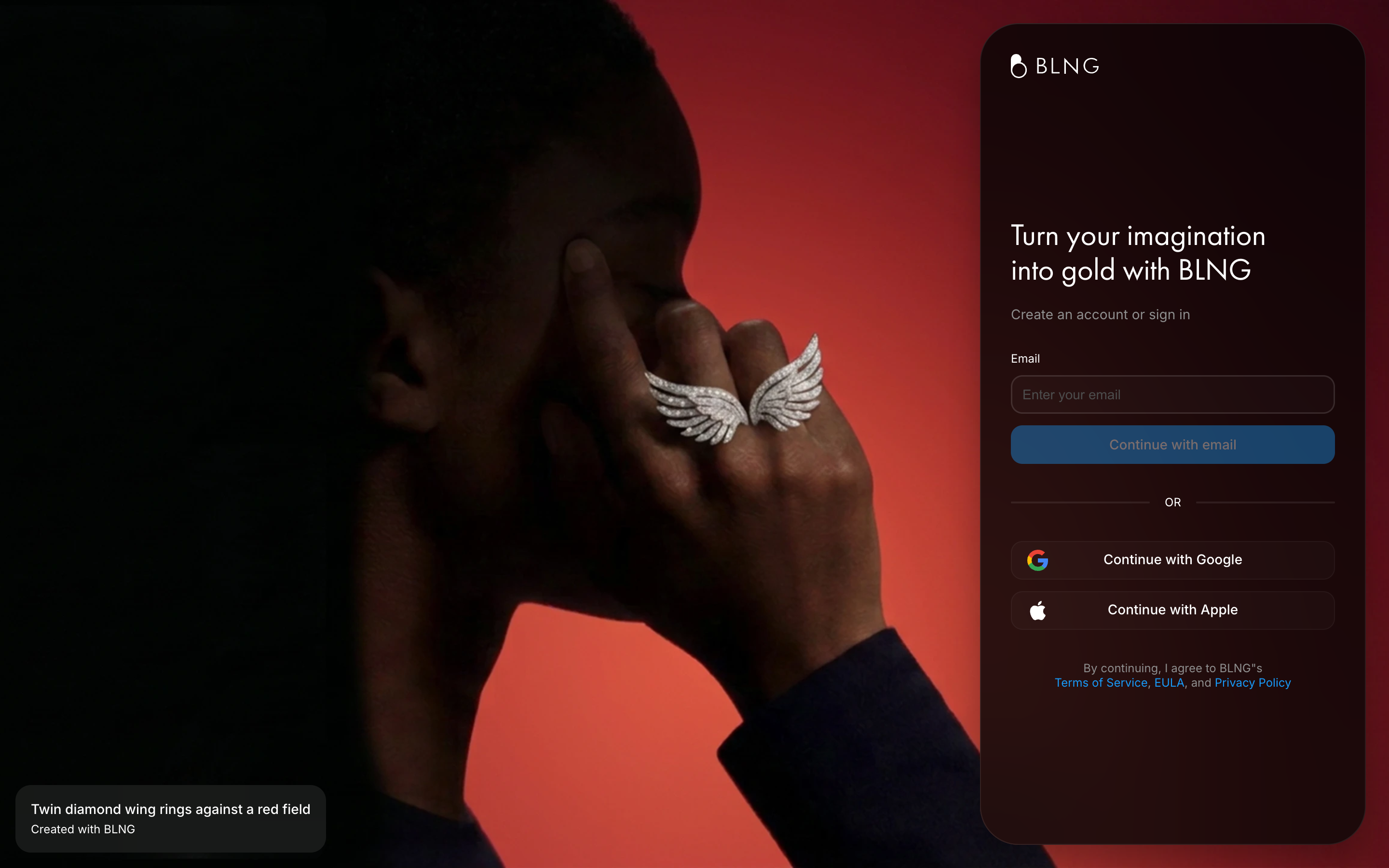Sign-up screen with the email field and the Google and Apple options.