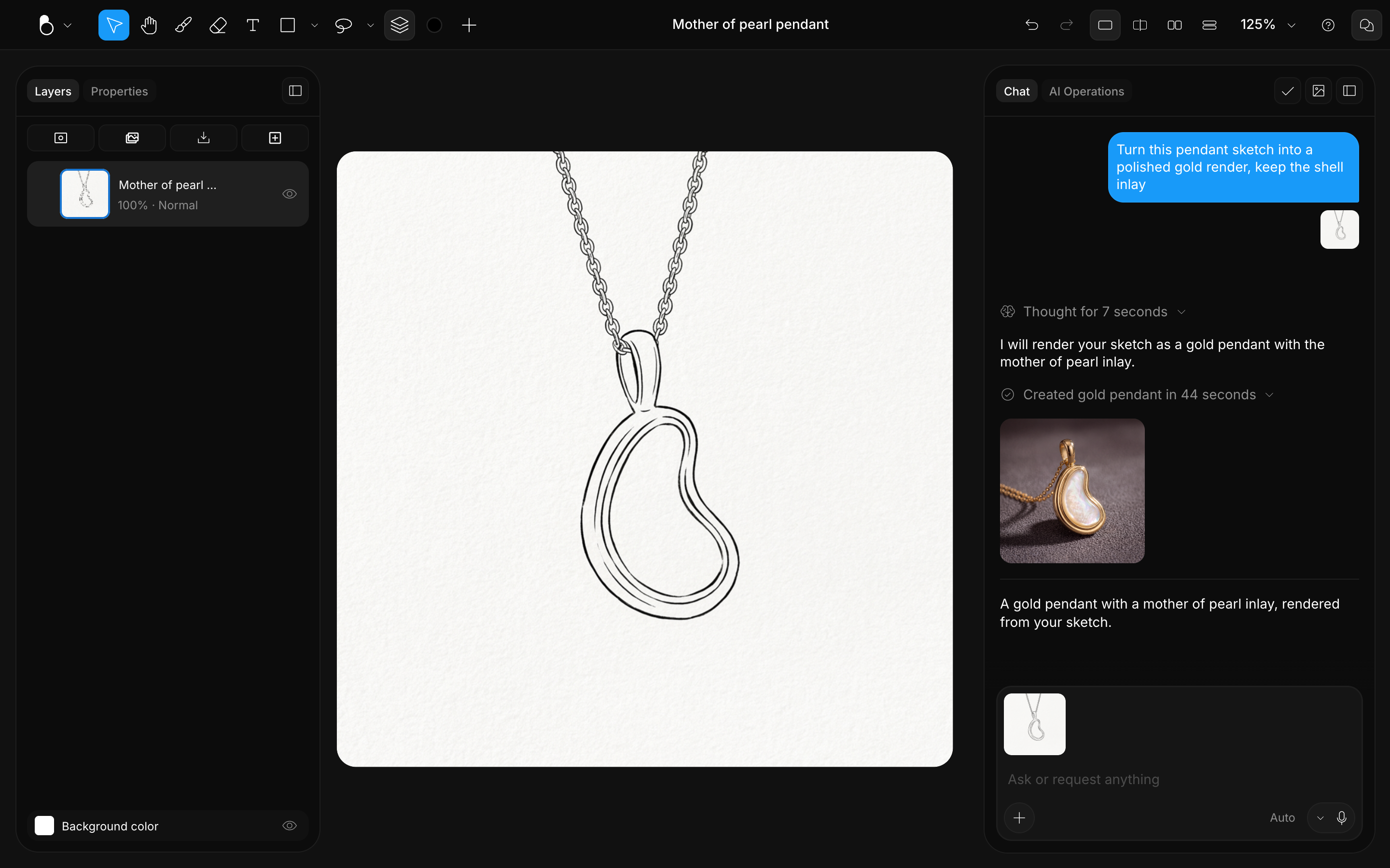 A pendant outline drawn on the canvas and the AI render with mother of pearl in the chat