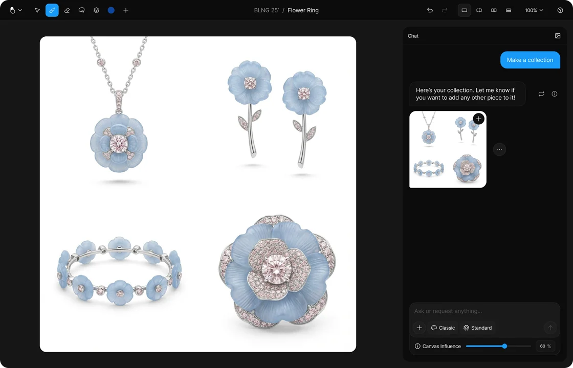 A ring, earrings, necklace and bracelet generated from one starting design