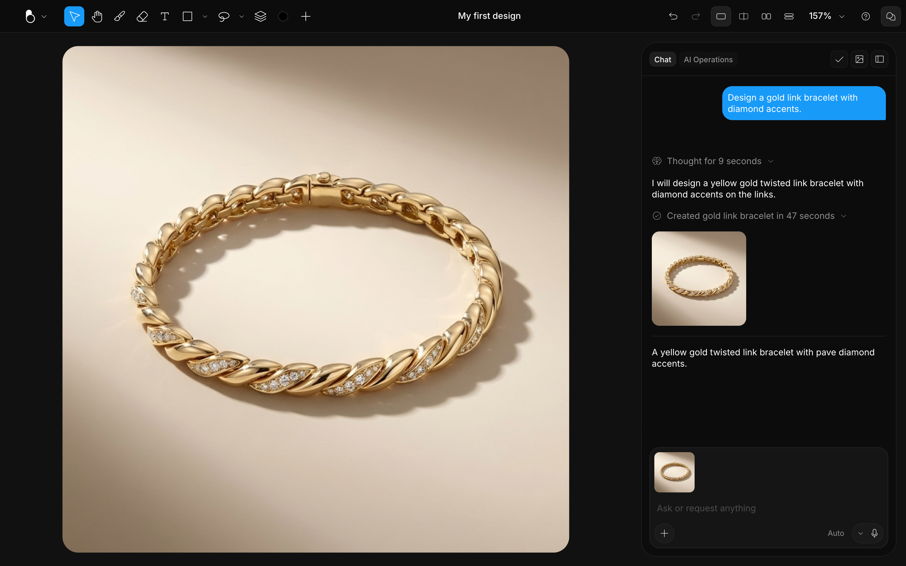 A gold twisted link bracelet with diamonds shown large on the canvas after generation