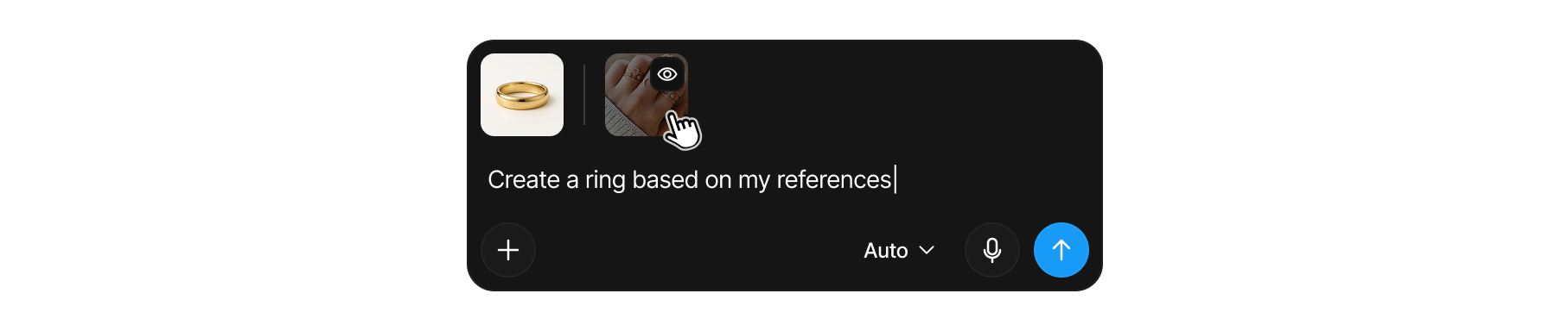 Two reference thumbnails above the prompt field, one showing the eye icon on hover