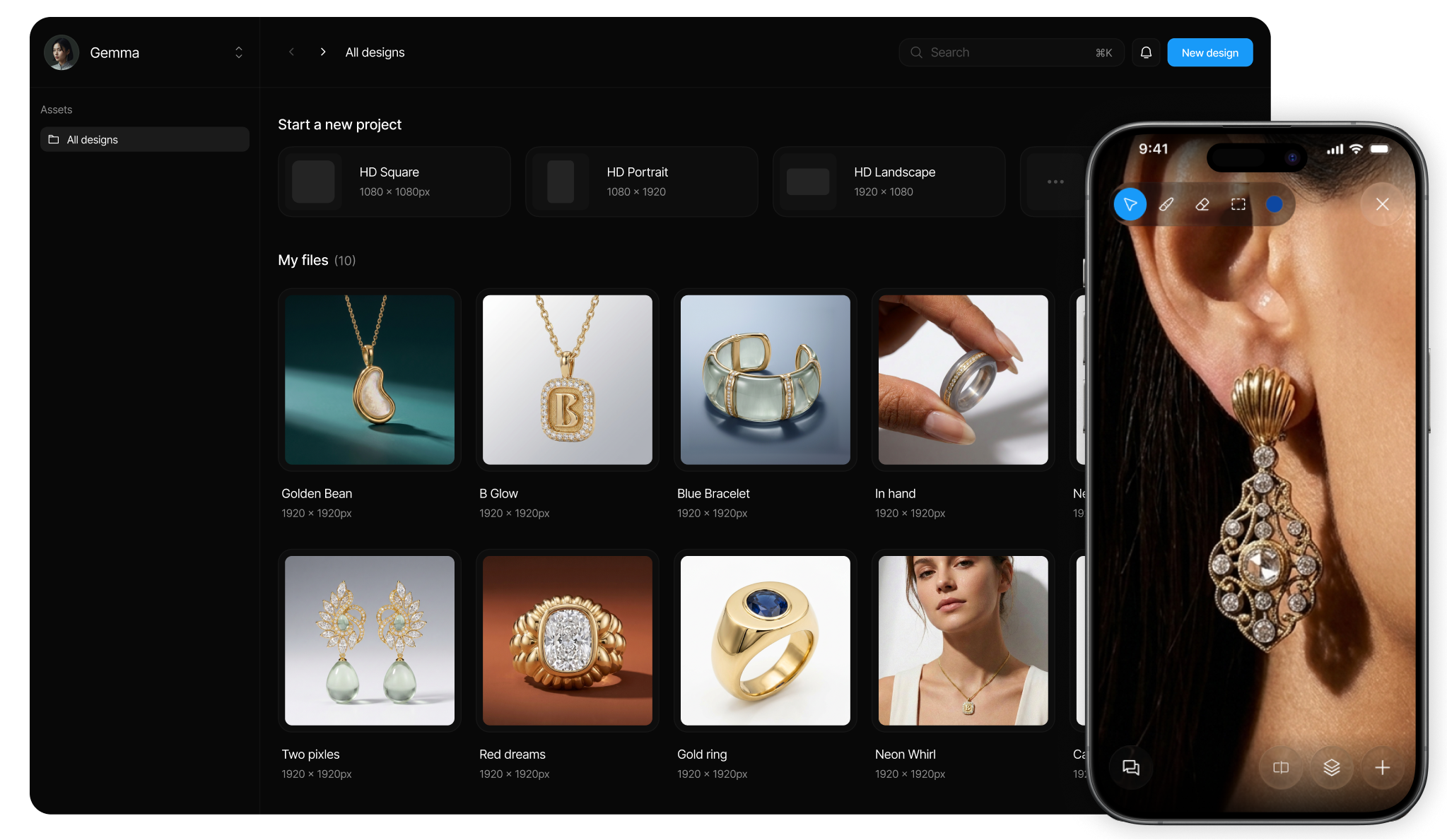 The BLNG dashboard on a laptop next to an iPhone showing an earring on a model