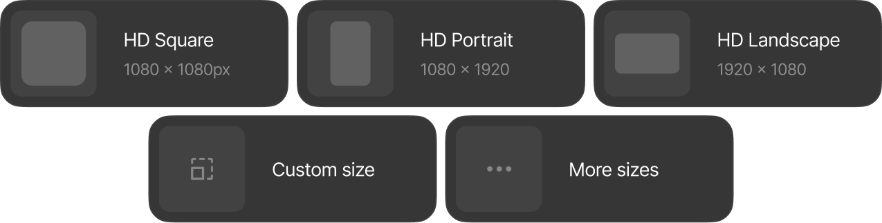The Start a new project strip with HD Square, HD Portrait, HD Landscape, Custom size and More sizes