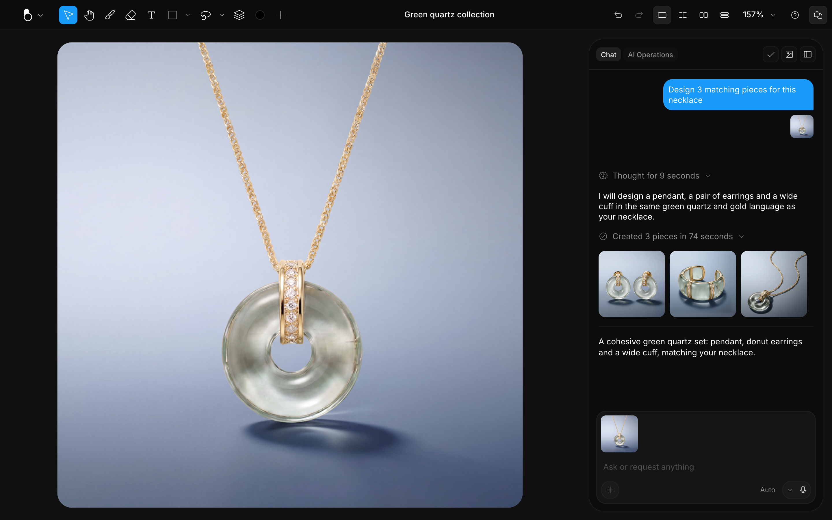 A green quartz donut pendant on the canvas and three matching pieces generated in the chat