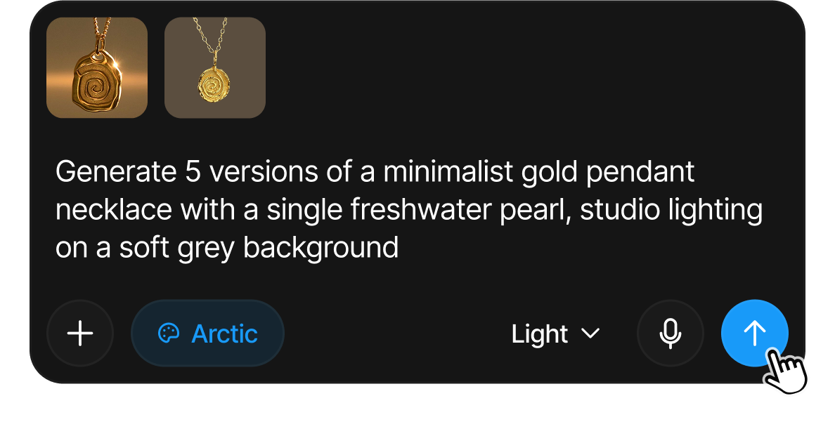 A prompt asking for five variations of a pearl pendant, with two references and Light mode