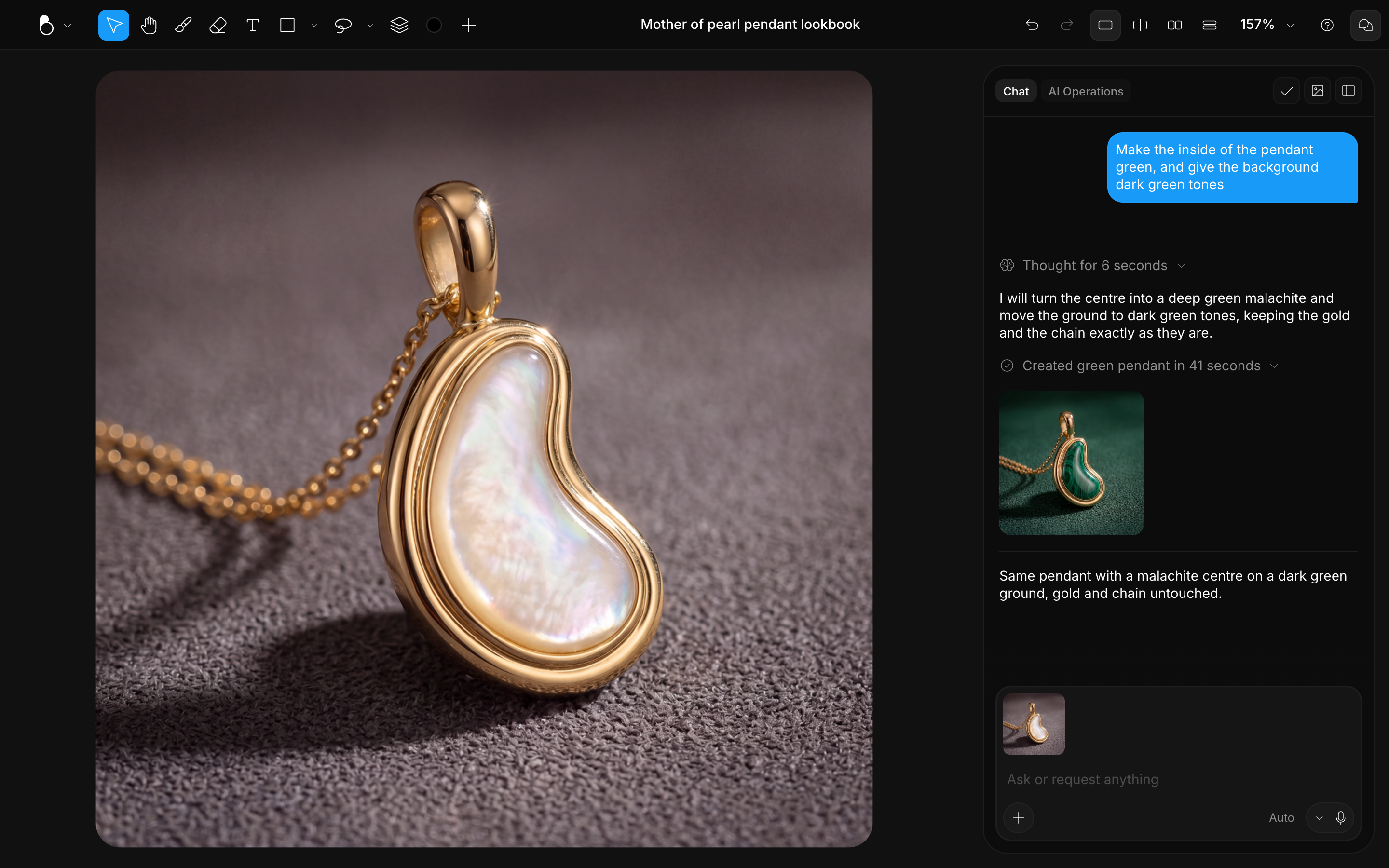 Canvas view showing a mother-of-pearl pendant on its own