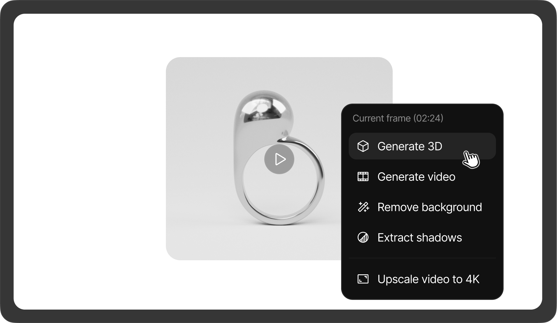 The AI Tools menu on a paused video layer: Current frame with Generate 3D, Generate video, Remove background and Extract shadows, then Upscale video to 4K