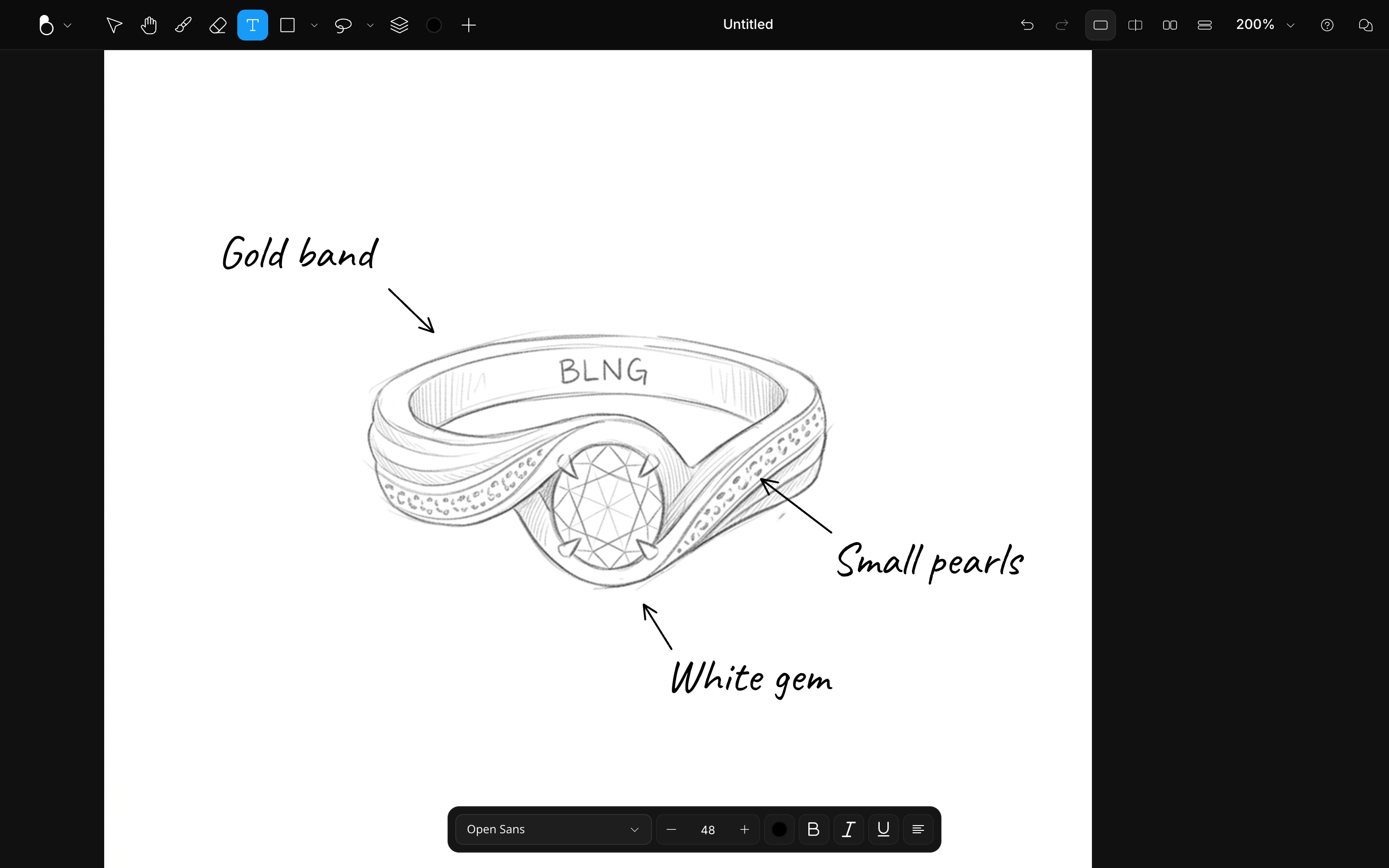 A ring sketch on the canvas annotated with handwritten labels: Gold band, Small pearls, White gem