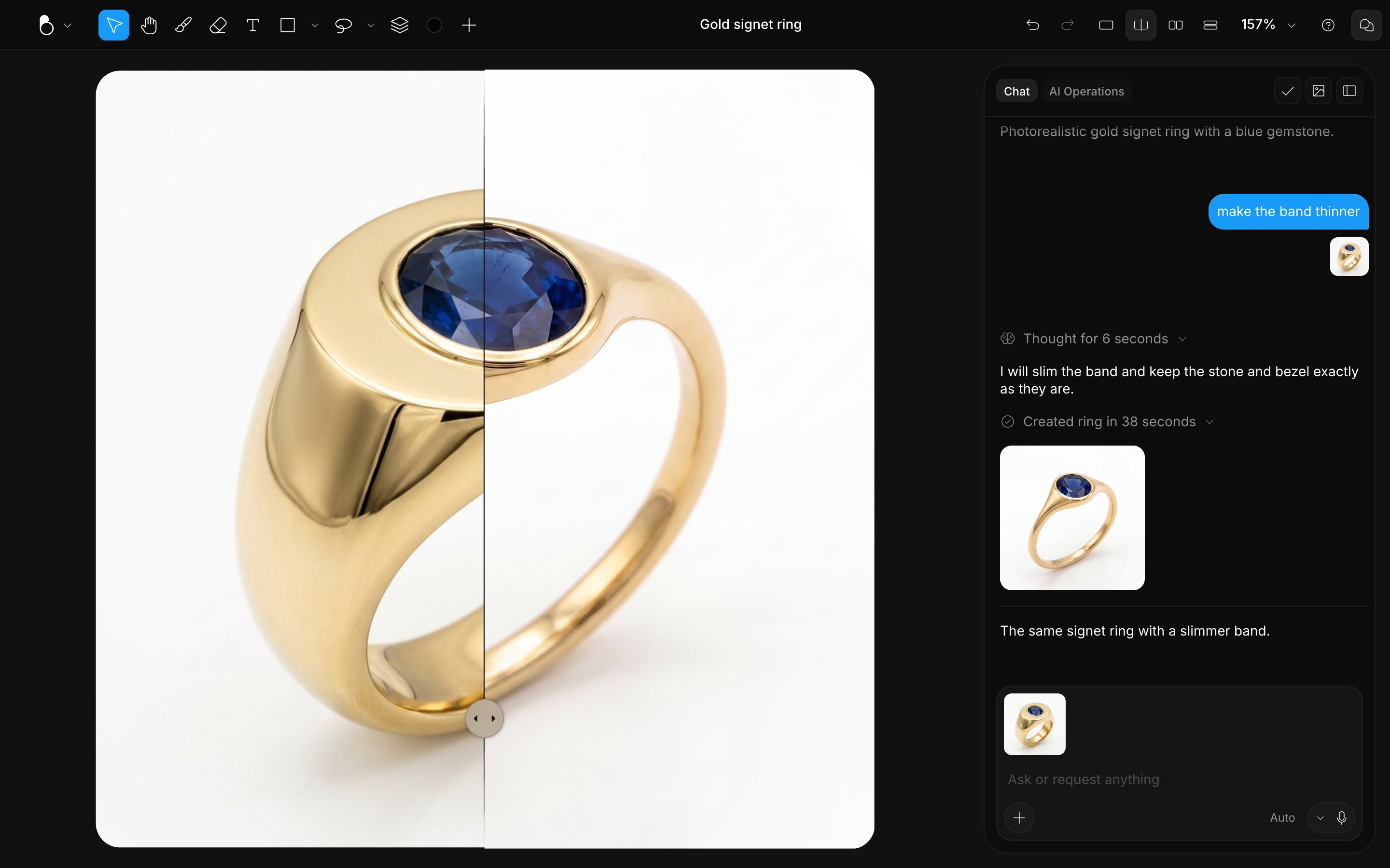 Split view comparing a signet ring before and after the prompt make the band thinner