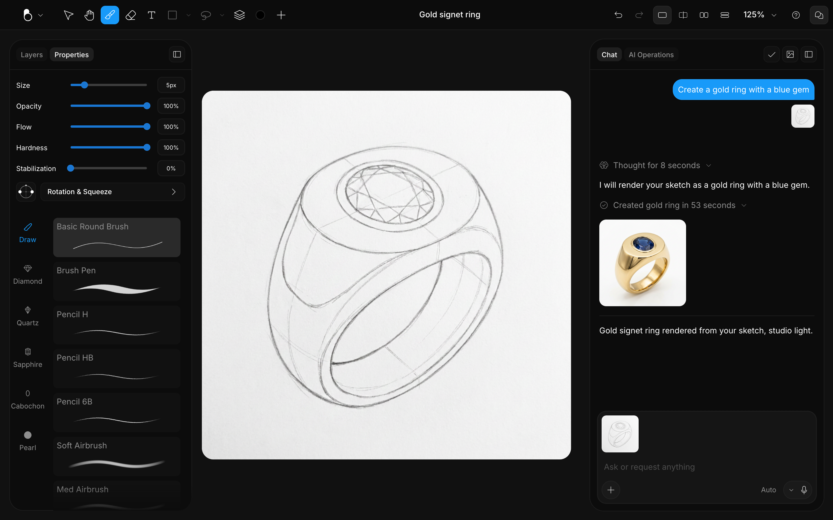 Brush settings panel with size, opacity, flow, hardness and the brush library beside a pencil ring sketch