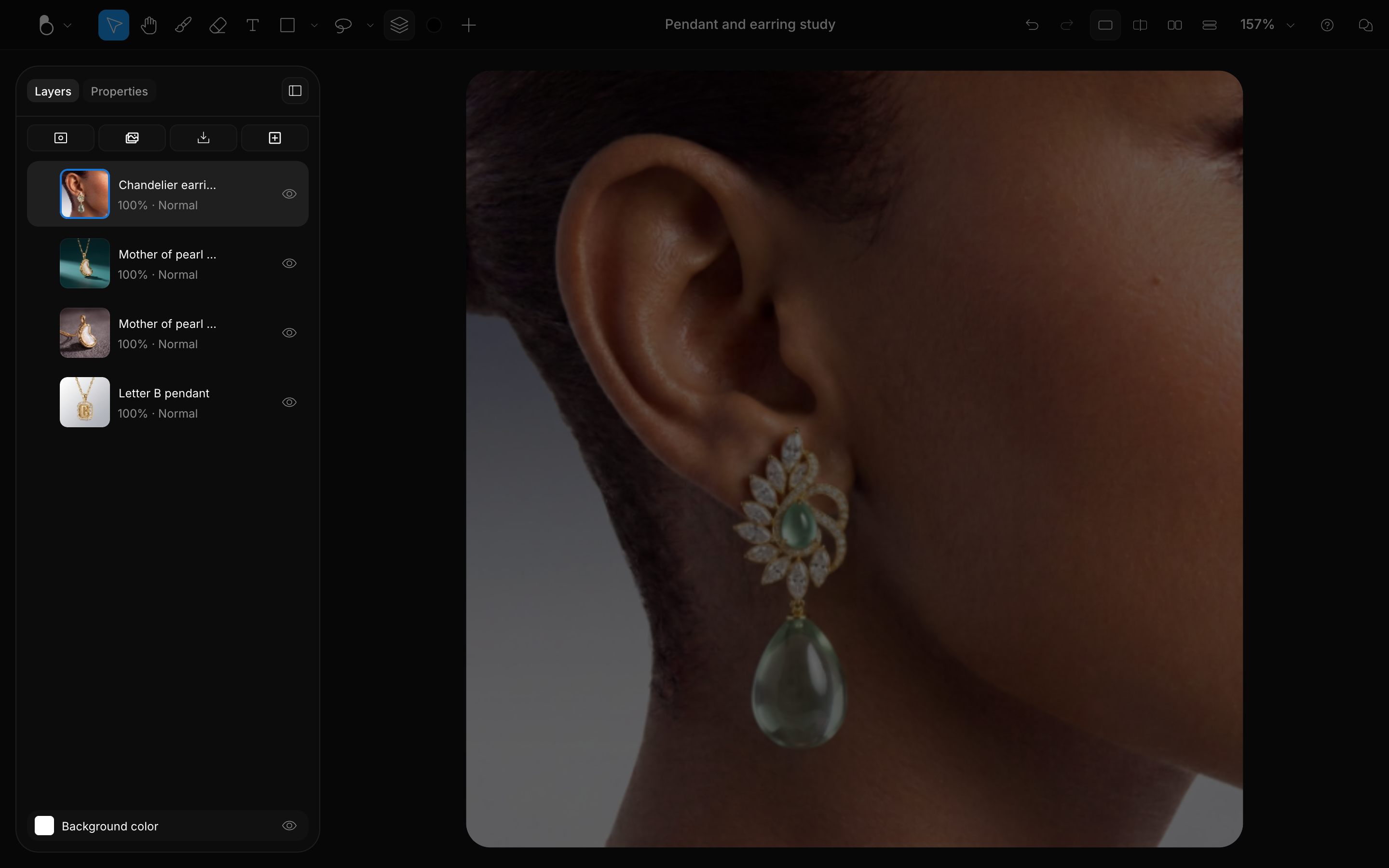 The Layers panel with four layers next to an earring on a model