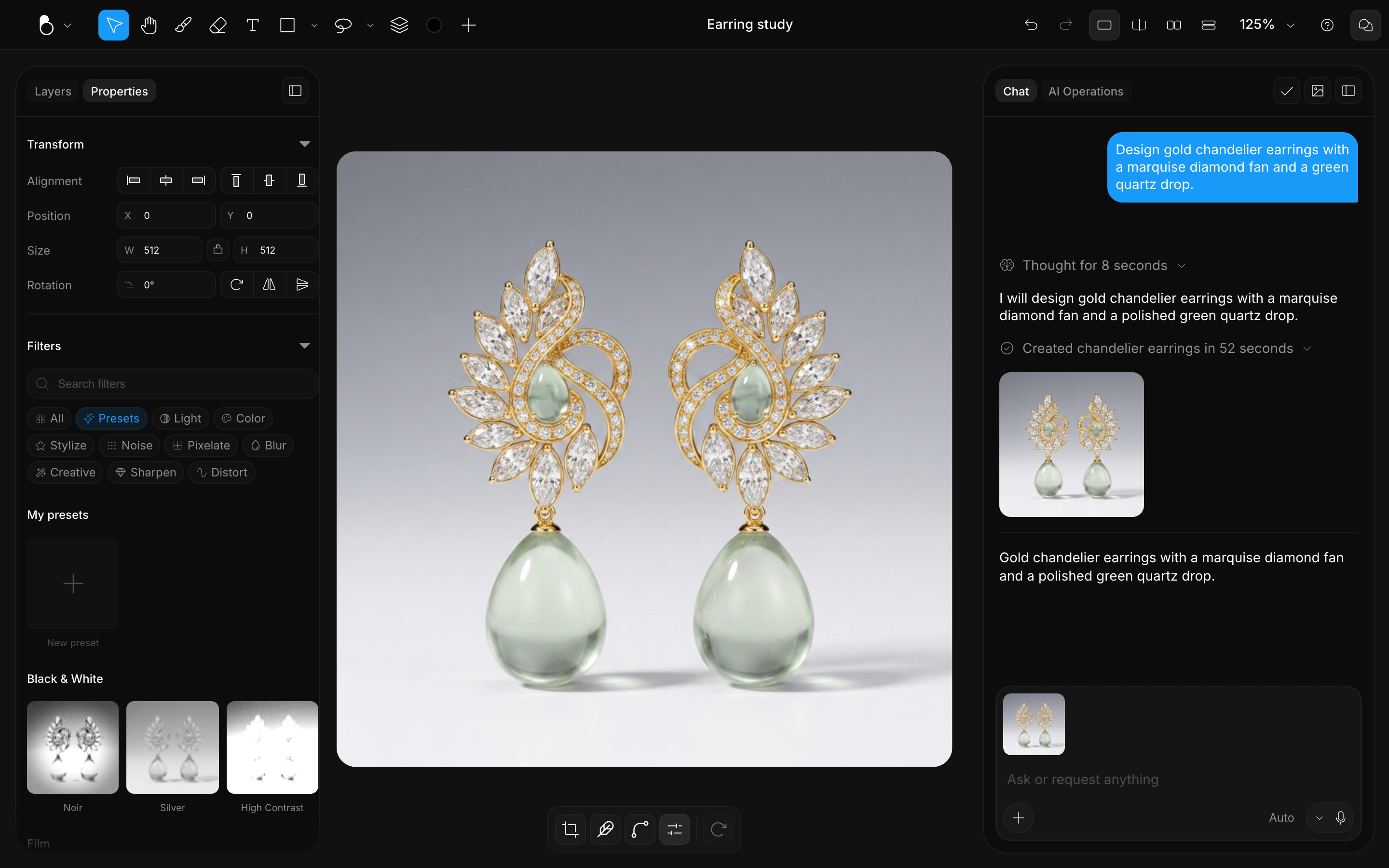 The Properties panel with Transform and Filters next to chandelier earrings