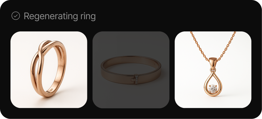 Three result thumbnails while one is being regenerated during the quality check