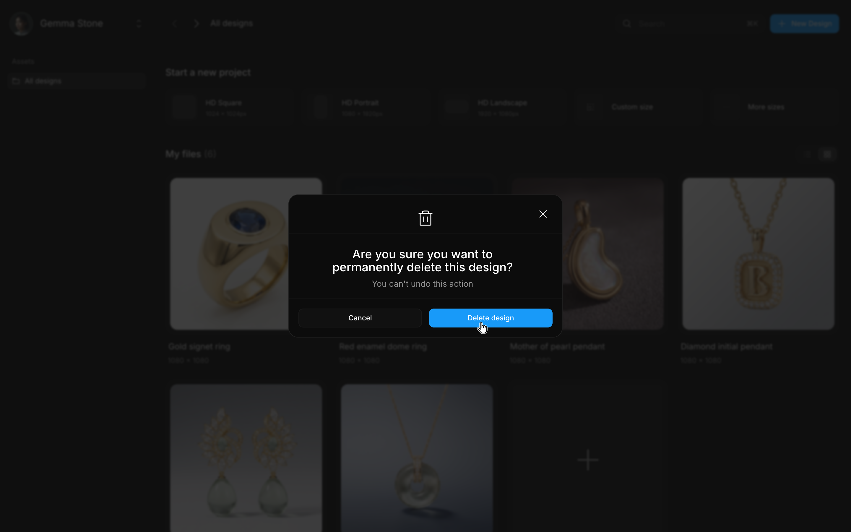 The confirmation dialog asking whether to permanently delete a design