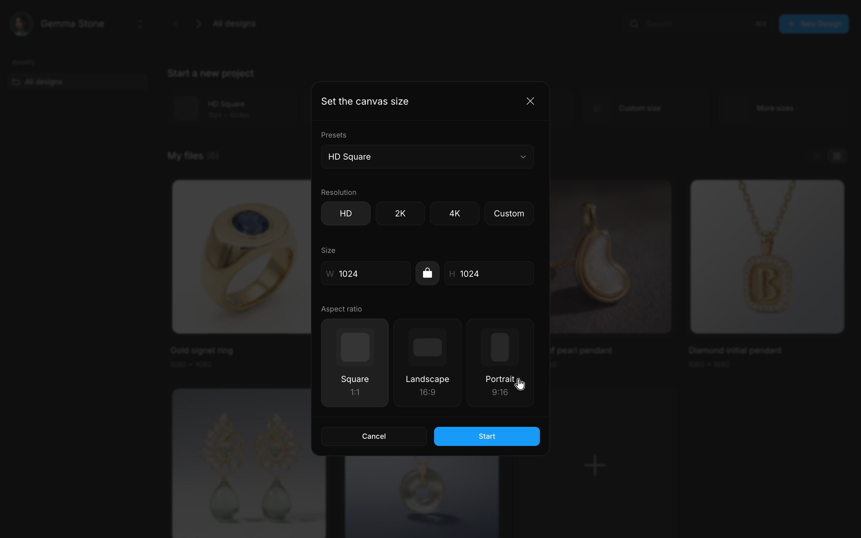 The canvas size dialog with the Portrait aspect selected before saving a preset