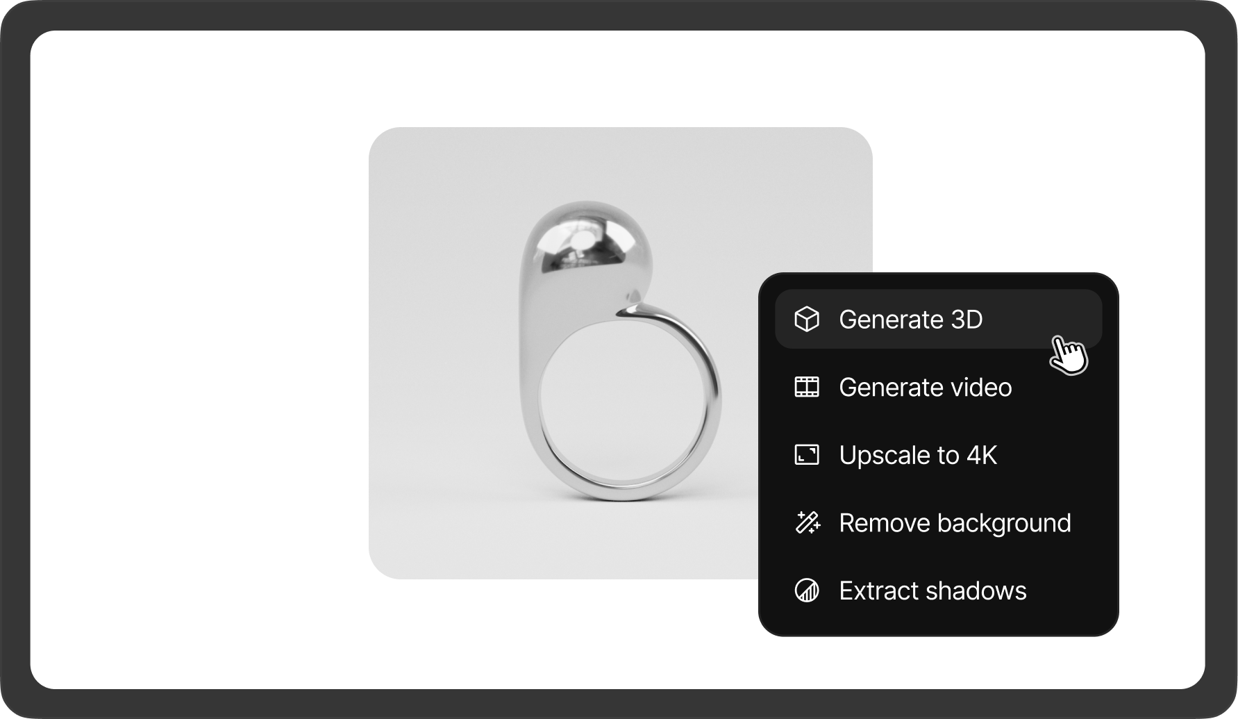 The AI Tools submenu on a ring image: Generate 3D, Generate video, Upscale to 4K, Remove background, Extract shadows